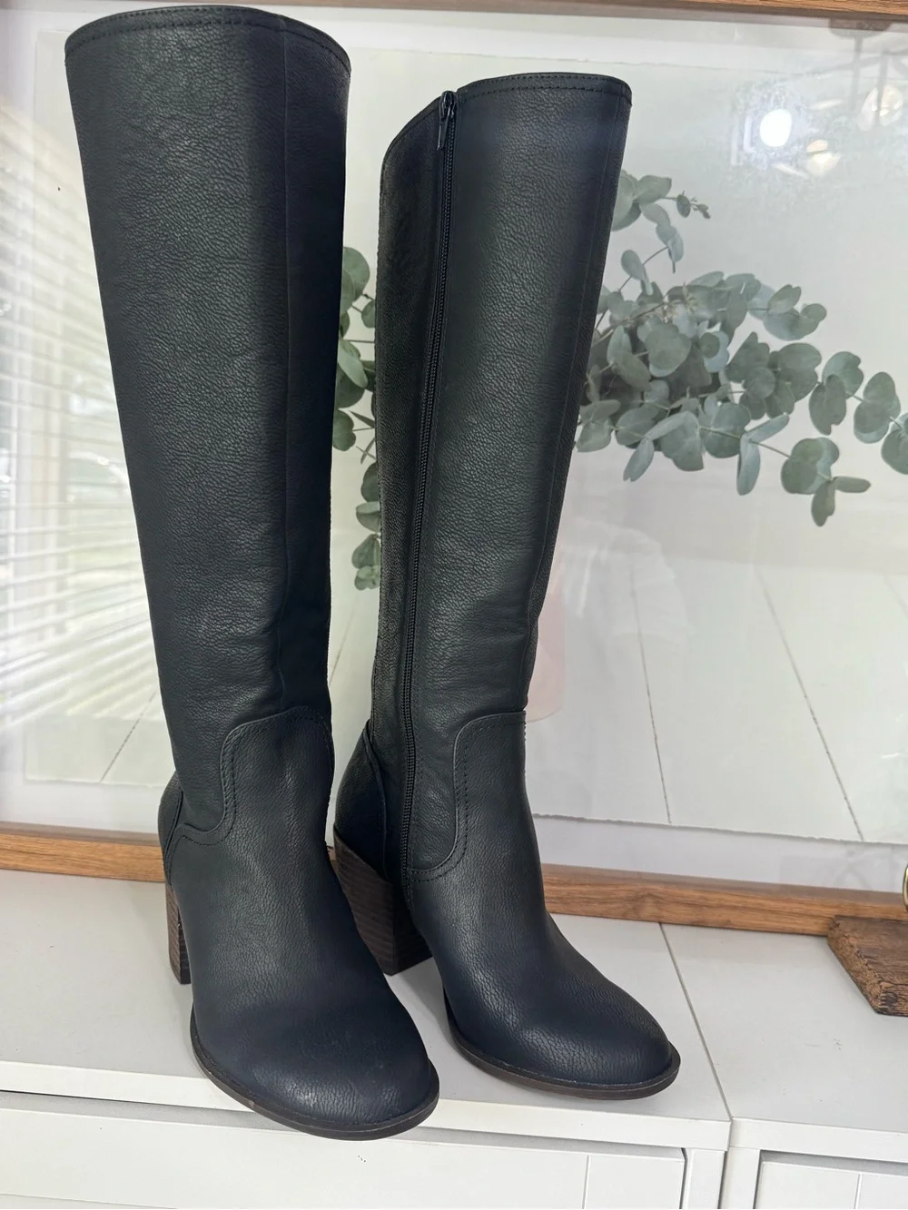 Women's Black Over-the-Knee Leather Boots with Block Heel